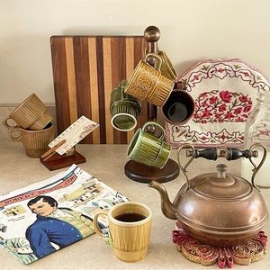 Inspiration Vignette Tea Kettle Stackable Mugs Wicker Trivet Towel Recipe Holder
